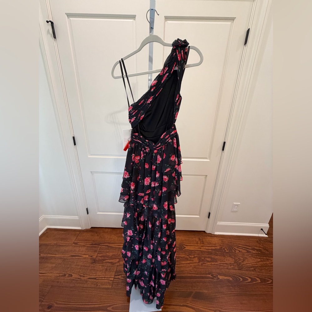 Mac Duggal One shoulder Ruffled Rose Print layered high low dress 70246 - Picture 6 of 8